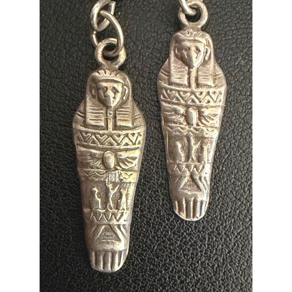 Vintage Sterling Silver Egyptian Revival Earrings Dangle Mummy Sarcophagus 925